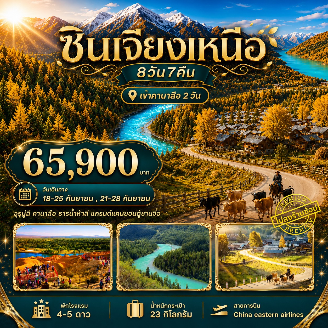 ทัวร์จีน ทัวร์ซินเจียงเหนือ อุรุมูฉี คานาสือ ธารน้ำห้าสี แกรนด์แคนยอนตู๋ซานจื่อ 8วัน 7คืน (MU)